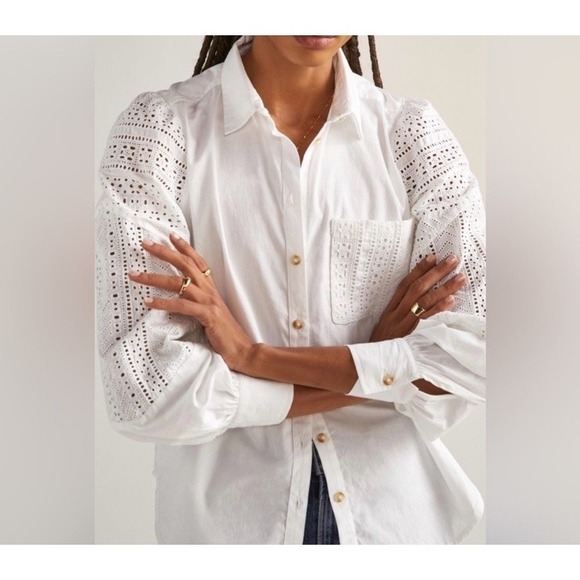 Anthropologie White Eyelet Lace Country Peasant Puff Sleeve Shirt Blouse 12 - Picture 3 of 9